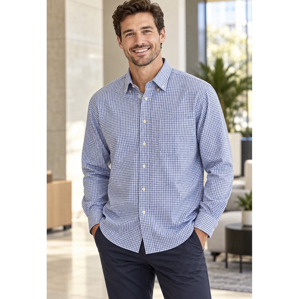 Peter Millar Summer Comfort Shirt Mens Large White Blue Check Long Sleeve